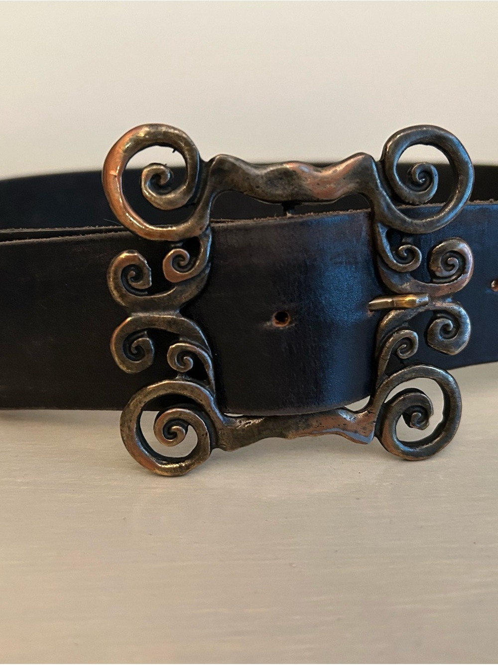 Woman’s Leatherock Black Leather Belt with Ornate Antique Brass Scroll Buckle